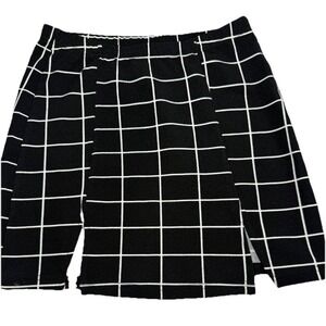 Shein Women's Stretch Mini Skirt BLACK WHITE Plaid Elastic Waist Slit Sz Small
